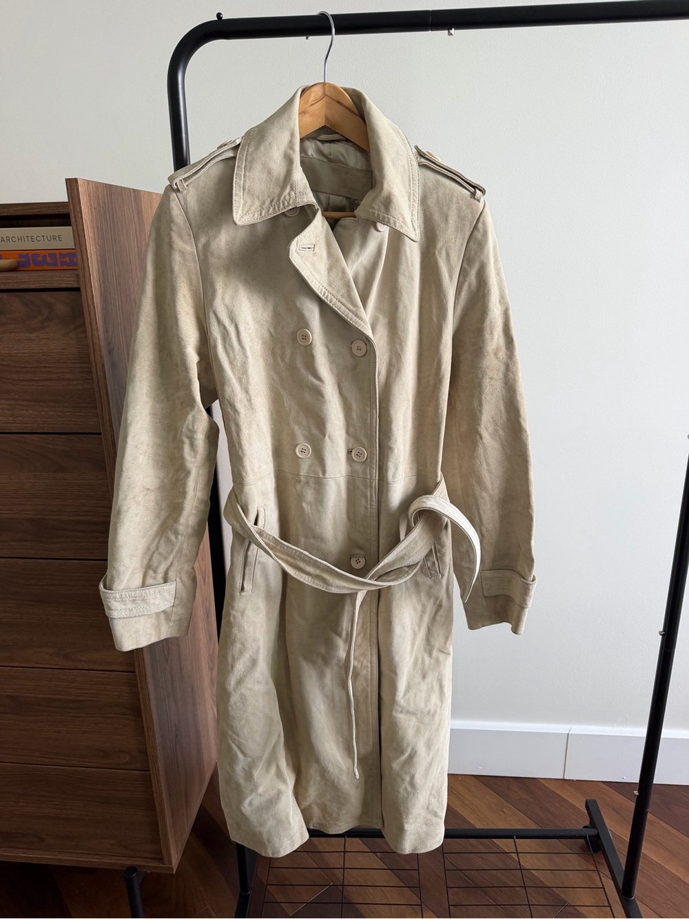 Vintage Heavyweight Beige Suede Double-Breasted Trench Coat Size M